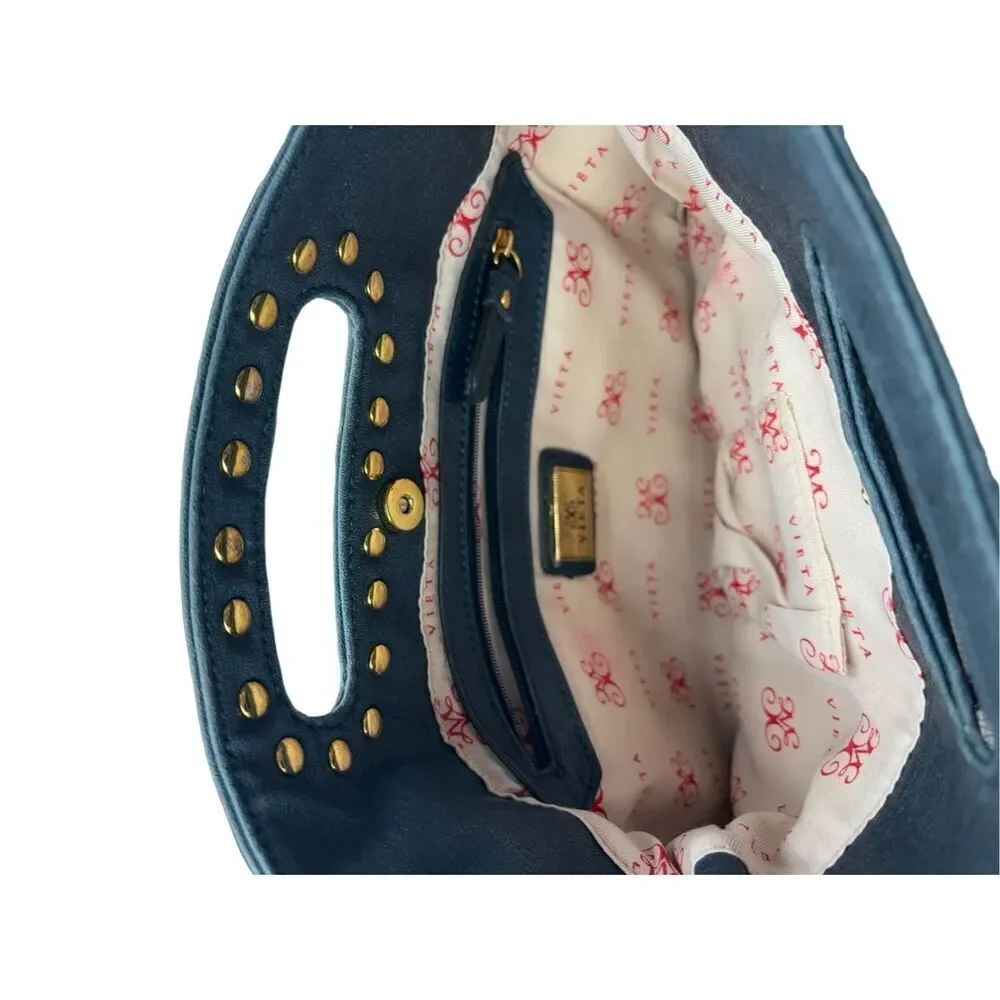Vieta fashion navy blue vegan leather collapsible gold ￼ studded bag